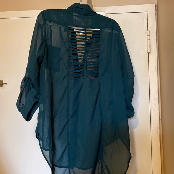Jasmine. Semi-sheer Emerald Green Hi-Lo Blouse, see Back - Picture 3 of 6